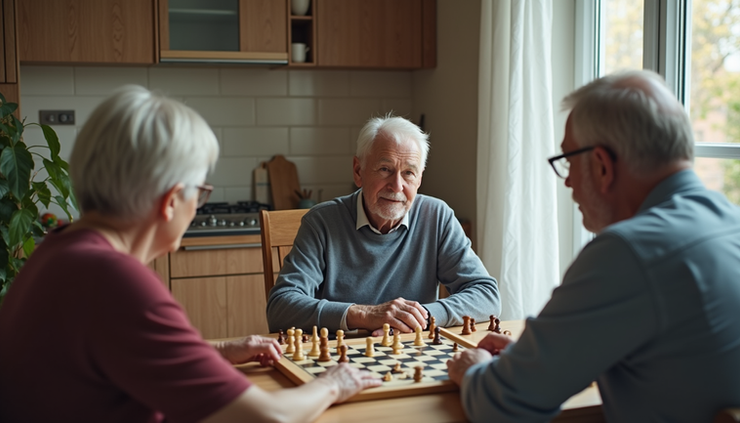 High angle view of a caregiver and elderly man playing a board game at a kitchen table