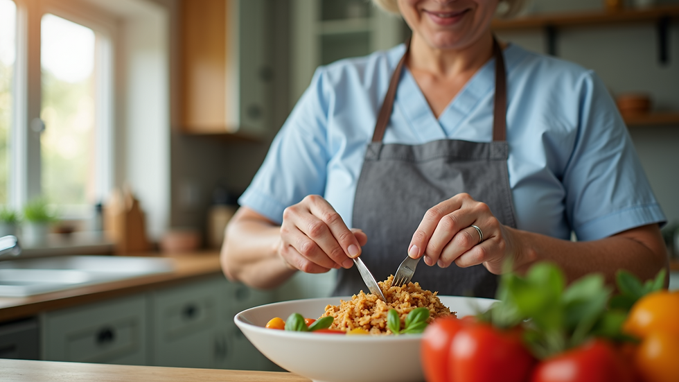Close-up view of a caregiver preparing a nutritious meal in a senior’s kitchen