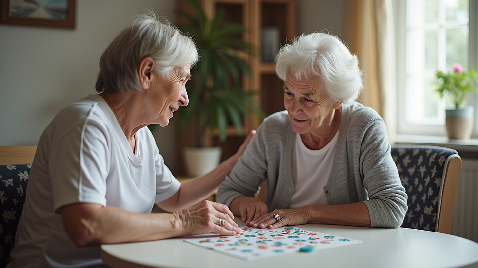 Close-up view of a caregiver gently assisting a North York senior with a memory activity