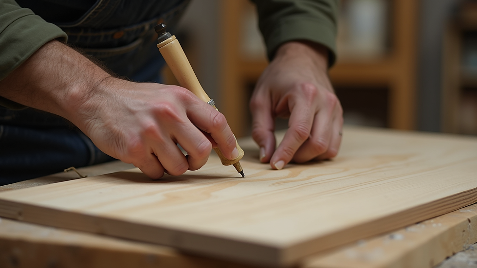 Plano detalle de una mano lijando una superficie de madera en taller de carpintería