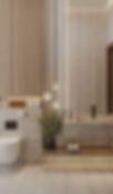 Modern bathroom interior with stone vanity, wood panels, and hanging lights.