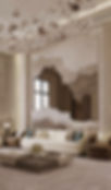 Luxurious living room with abstract wall art and glittering chandelier.