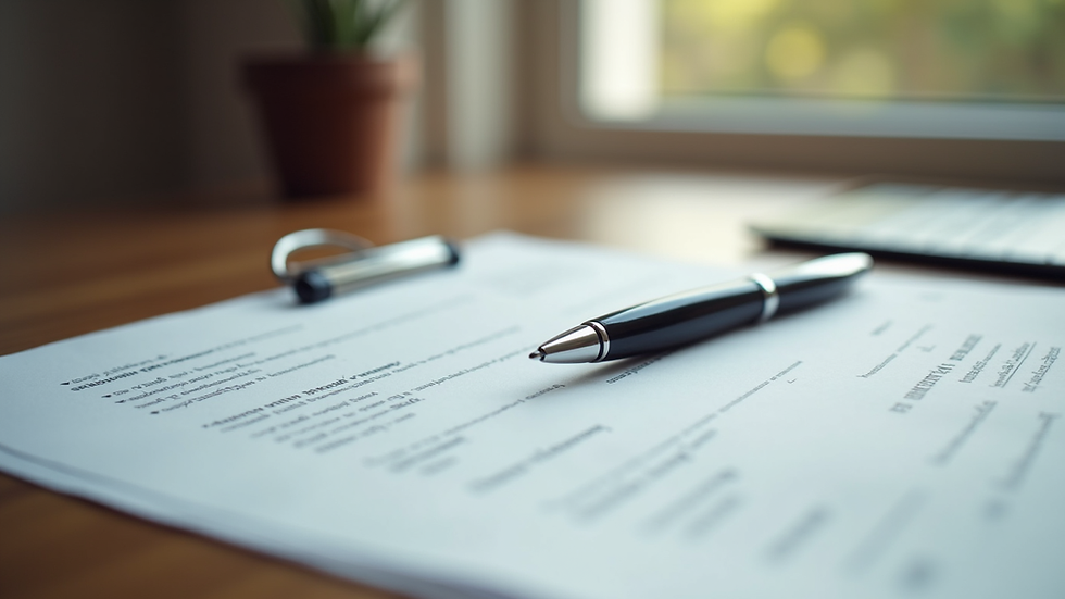 Close-up view of legal documents and a pen on a wooden desk