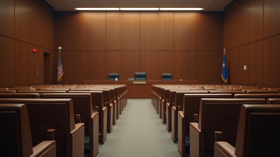 Eye-level view of a courtroom with empty seats and a judge's bench