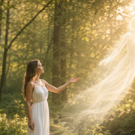 Artistic depiction of a spirit transition in a peaceful forest setting, symbolizing spiritual healing, earthbound spirit release, mediumship, consciousness, and Sacred Soul Transition® guidance.