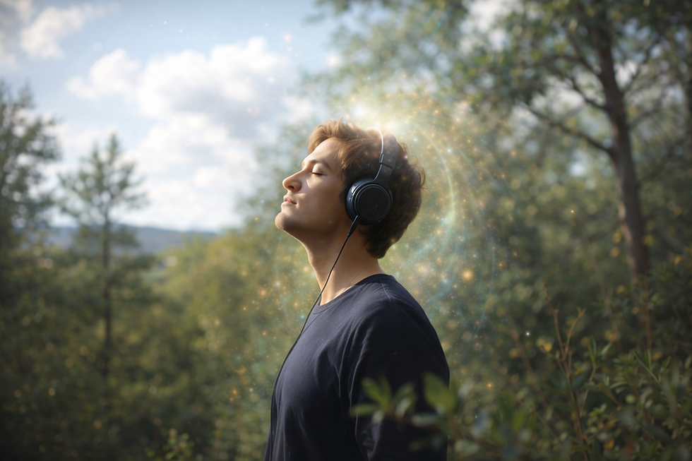 Man wearing headphones outdoors in a natural setting, eyes closed in a regulated receptive state supporting psychic development and binaural beats meditation.
