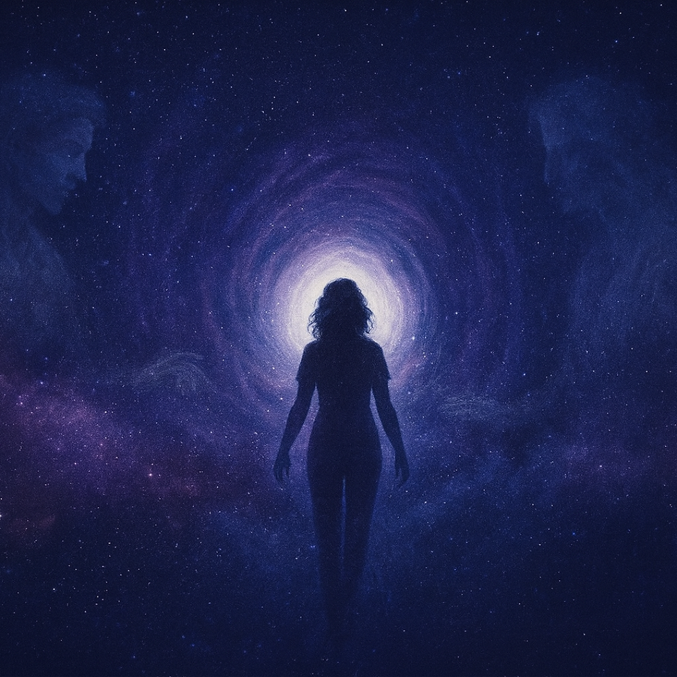 Silhouette of a person entering a luminous tunnel, symbolizing an out-of-body experience and expanded consciousness beyond the physical body