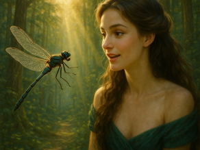 A woman in a forest setting gazes at a dragonfly hovering near her face, symbolizing quiet awareness and intuitive perception.