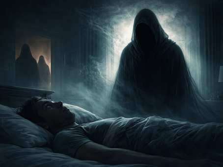 Artistic depiction of sleep paralysis and demons showing a shadowy hooded presence appearing while a person lies awake but unable to move during REM sleep.