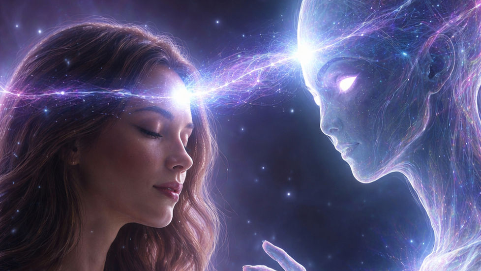 Human telepathically communicating with an interdimensional being during a mystical consciousness experience.
