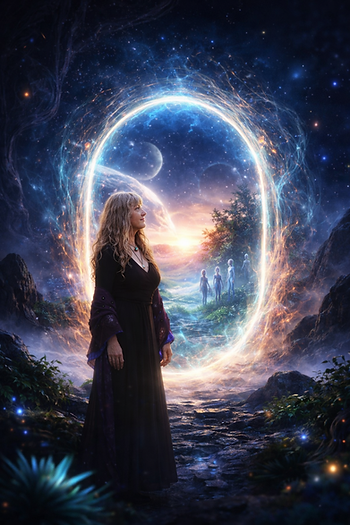 Woman standing before a glowing interdimensional portal, symbolizing alien contact, Realm Two, and telepathic interaction between dimensions.