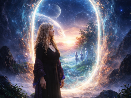 Woman standing before a glowing interdimensional portal, symbolizing alien contact, Realm Two, and telepathic interaction between dimensions.