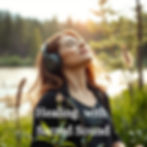 Woman listening to sound healing audio outdoors at sunset with “Healing with Sacred Sound” text overlay.