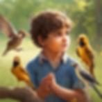 young boy in nature holding birds