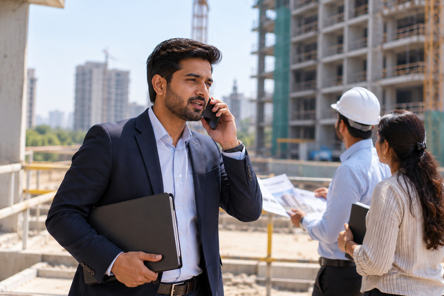 Project professional speaking on the phone at a construction site