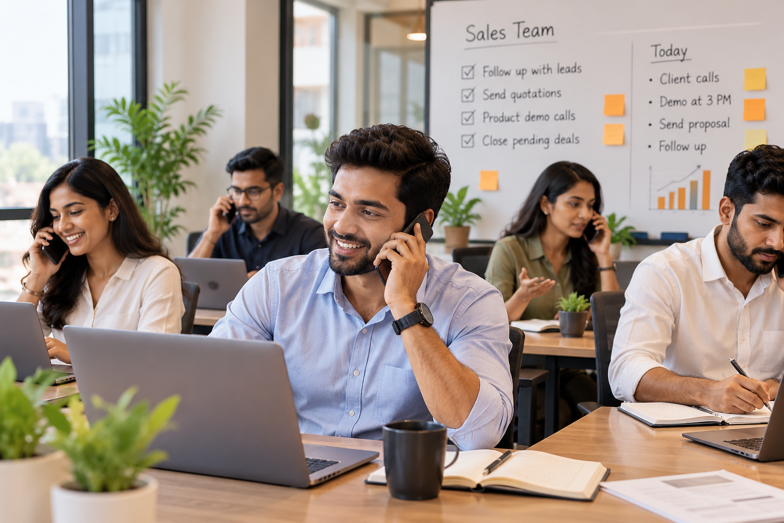 Sales professionals speaking with clients in a shared office