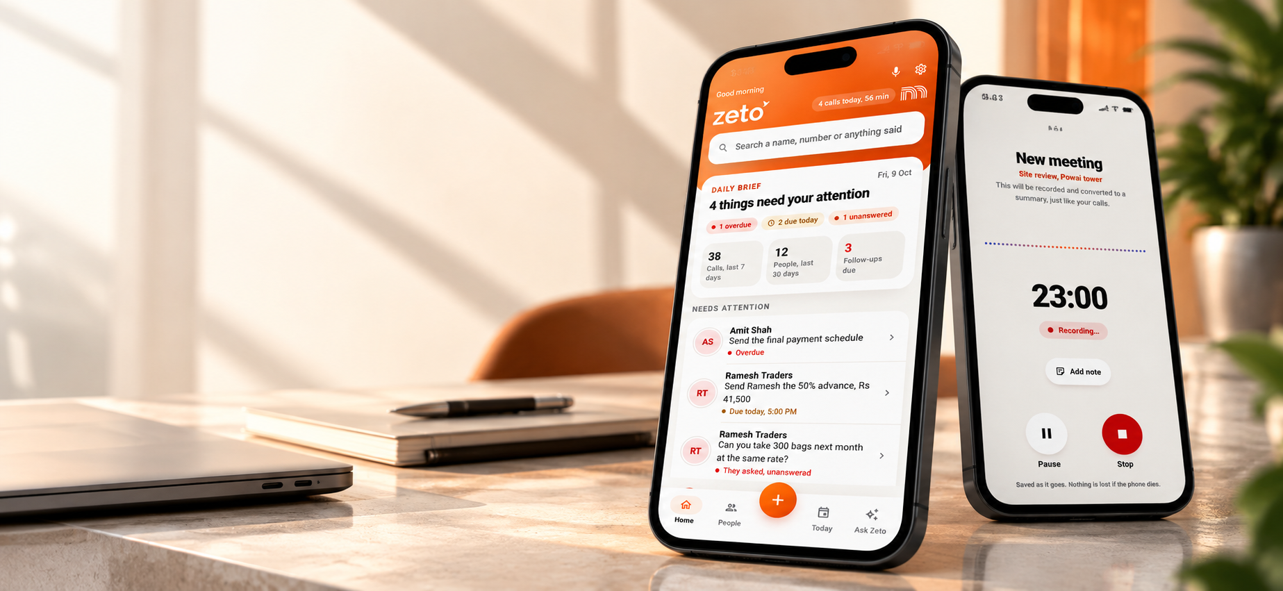 ZETO AI mobile conversation assistant showing summaries and follow-up information