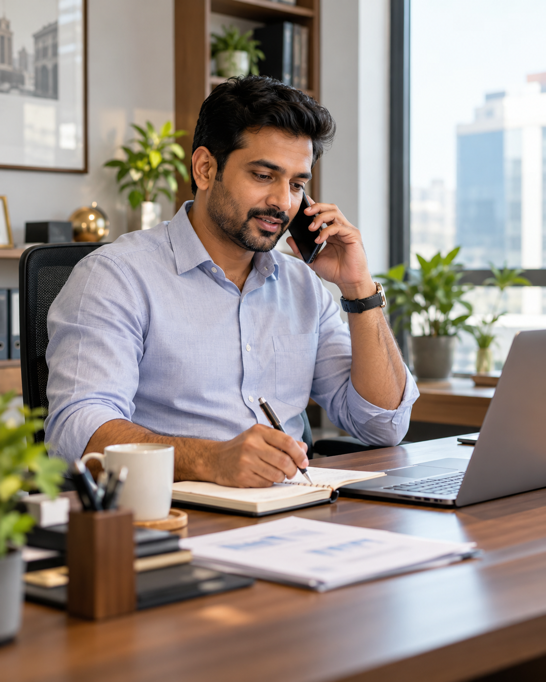 Business owner on a phone call writing notes in an office