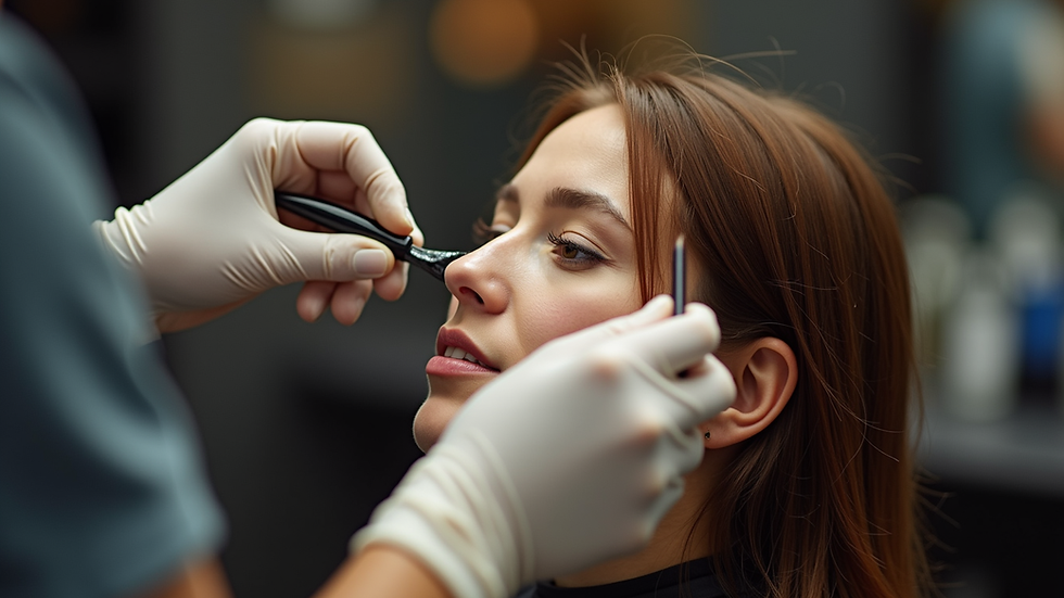Close-up view of hair stylist applying color treatment in a salon
