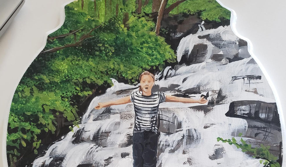 Enseigne extérieure personnalisée peinte à la main avec paysage naturel et personnage, création MariBozArts – Les Doigts de fée, par Mariève Bouchard.