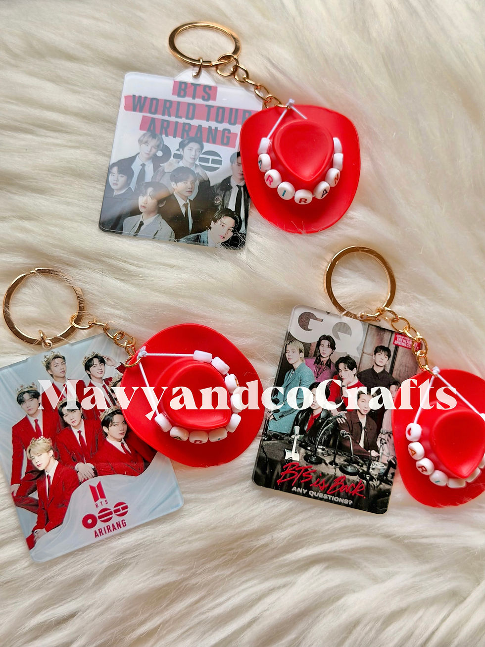 BTS Arirang keychains with red cowboy hats