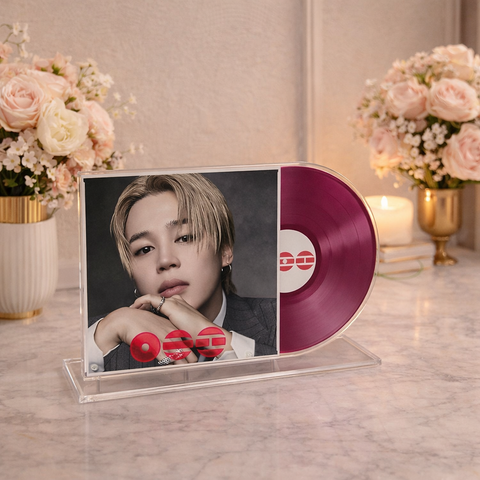 Jimin display with BTS ARIRANG vinyl and roses