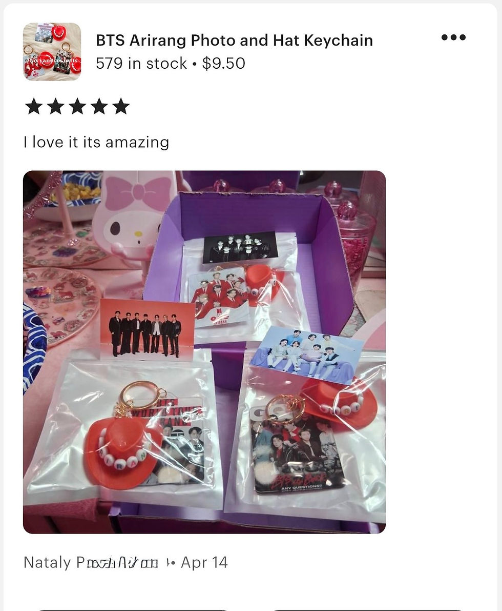 BTS ARIRANG photo and hat keychain merch in packaging.