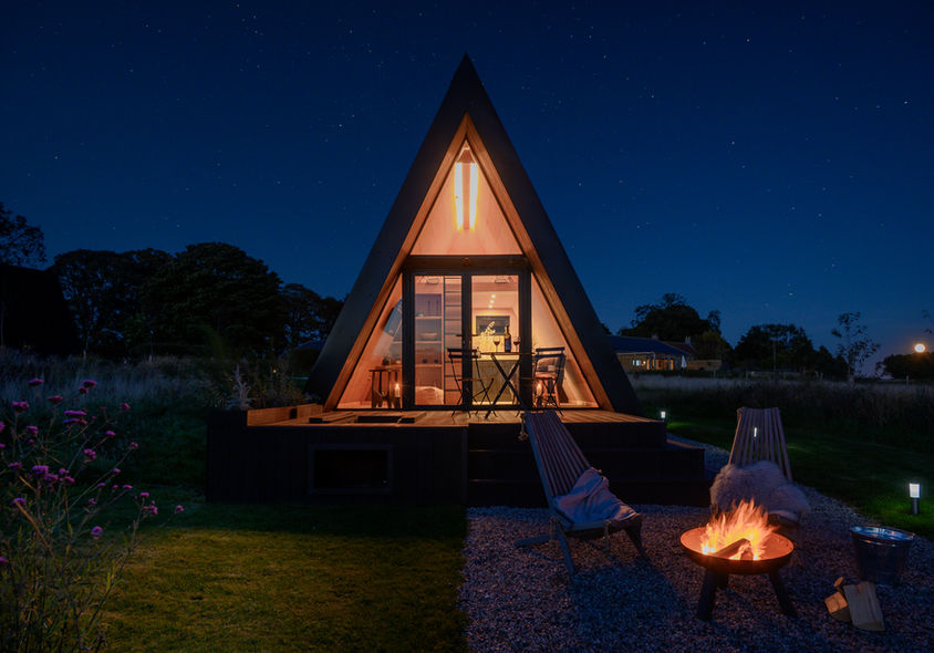 A-Frame Cabin at night