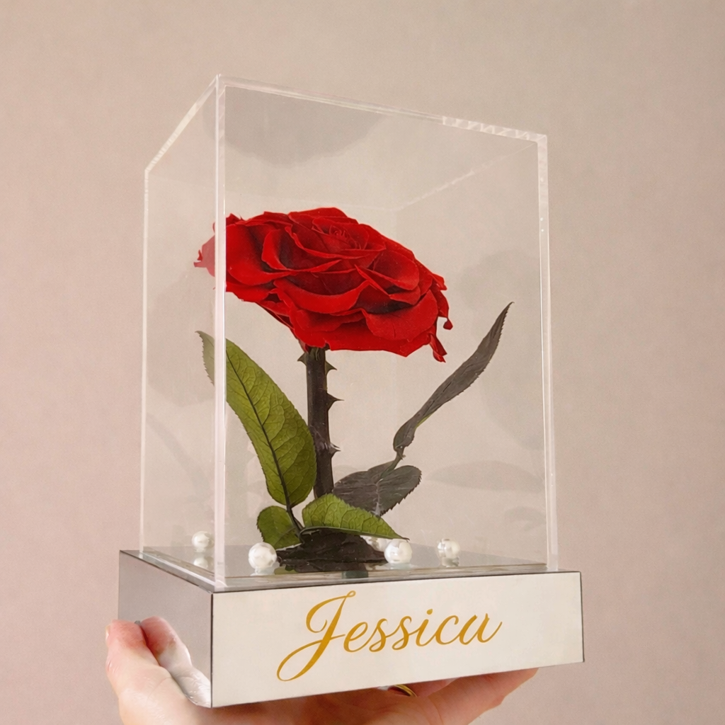 Personalised single stem forever rose inclosed in a clear acrylic gift box with a silver base