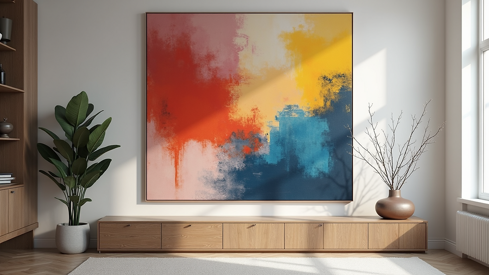 Eye-level view of a colorful abstract canvas art piece