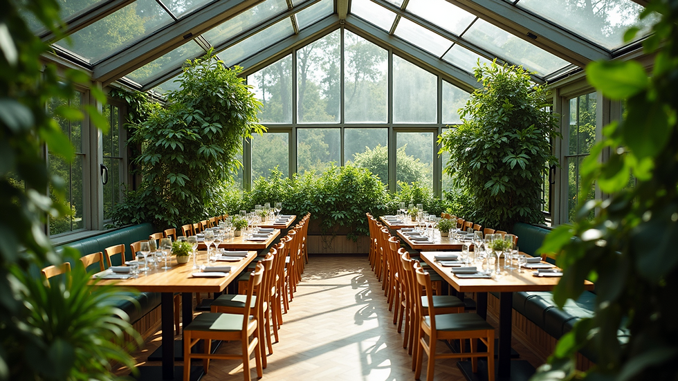 High angle view of a greenhouse dining area with lush greenery