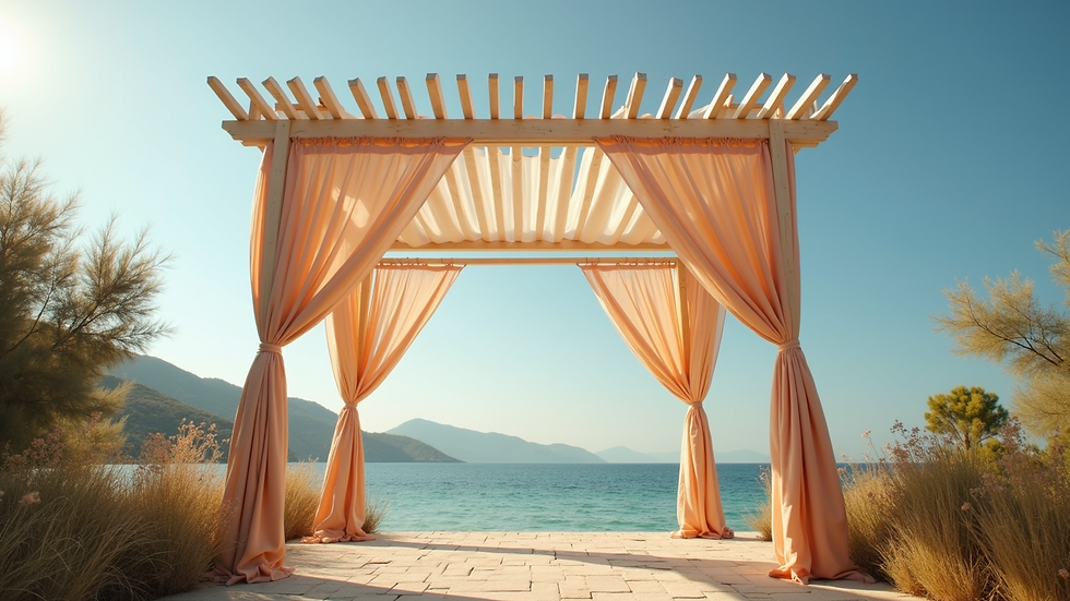 Eye-level view of a stylish pergola adorned with draped fabric