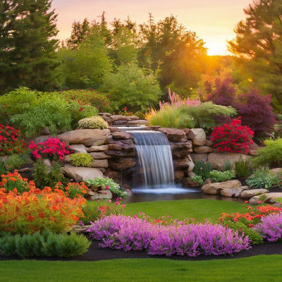 backyard waterfall with a colorful garden at sunset