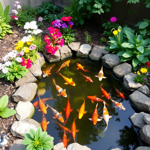 small koi pond in backyard with colorful flowers and lots of koi.jpg