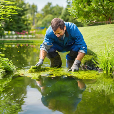 worker cleaning algae out of a backyard pond.