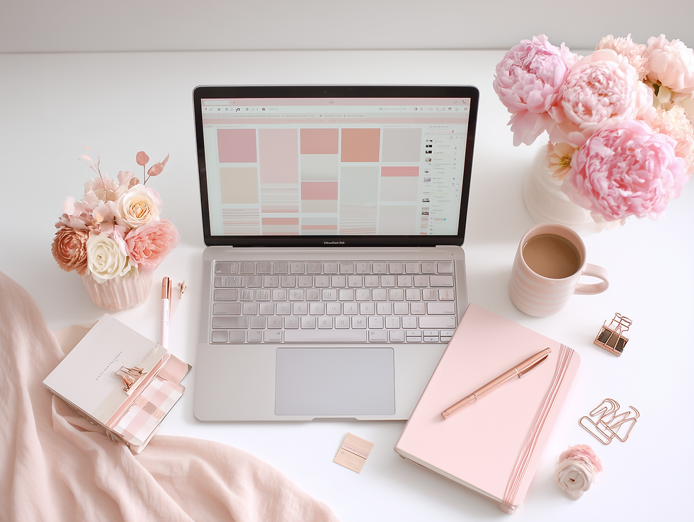 Bright feminine flatlay workspace with an open laptop showing an organized Canva workspace, notebook, pink pen, and blush peonies