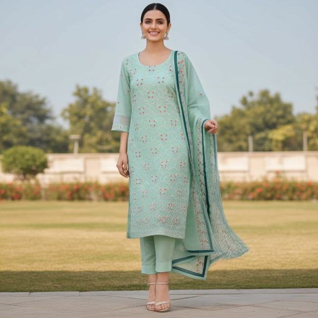 Cotton Exclusive Mint Green Chanderi Cotton Kurta with Lining, Salwar and Embroidered Dupatta