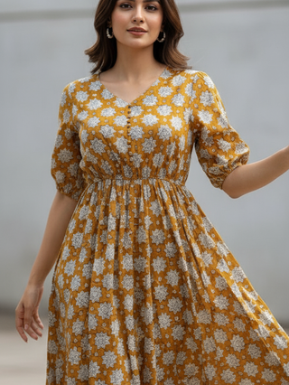 Cotton Exclusive Mustard-yellow Knee-length Cotton dress | Cotton Exclusive Cotton Exclusive Mustard-yellow Knee-length Cotton dress | Cotton Exclusive
