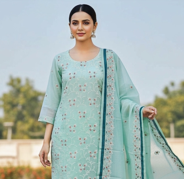 Cotton Exclusive mint green Chanderi cotton embroidered kurta with lining, straight salwar and floral embroidered dupatta
