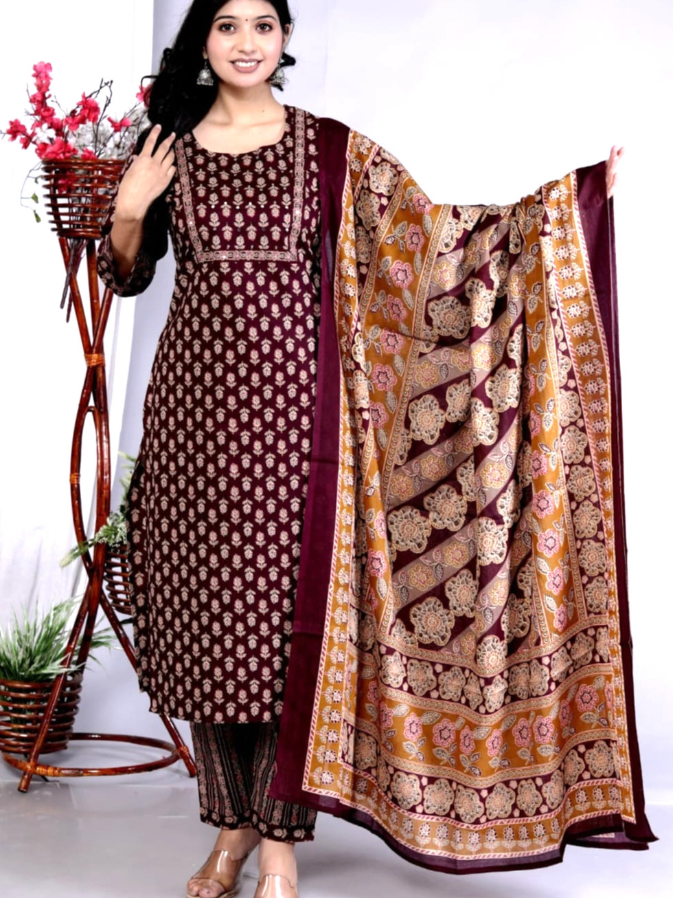 otton Exclusive kurta set, maroon cotton suit, mustard dupatta kurta, pure cotton salwar suit, breathable ethnic wear, block