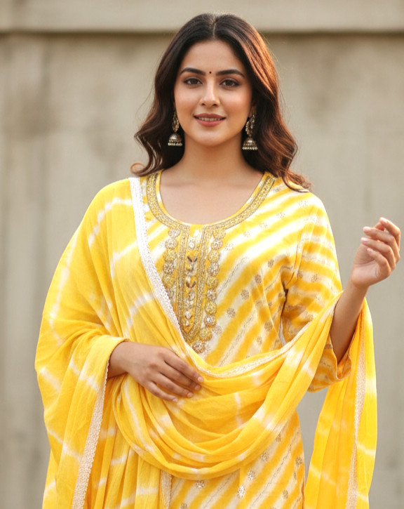 Cotton Exclusive bright yellow Chanderi cotton embroidered kurta with lining, straight salwar and tie-dye dupatta with tassel