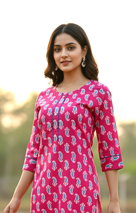 Cotton Exclusive pink paisley printed pure cotton straight kurta with three-quarter sleeves and button placket.