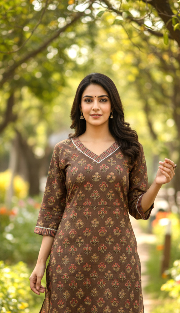 Cotton Exclusive brown floral printed pure cotton straight kurta with V-neckline and three-quarter sleeves.