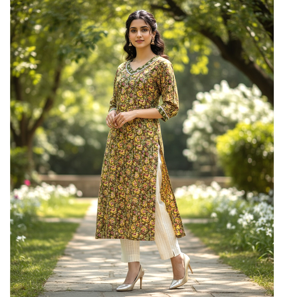 kurta is adorned with a detailed paisley and floral print in olive, maroon, and mustard hues, giving it a rich look,