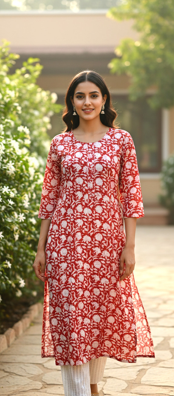 Red floral printed pure cotton kurta featuring a straight cut, floral prints, and three-quarter sleeves.