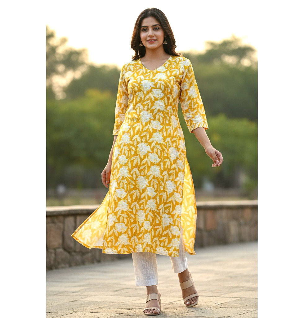 Designed with a V-neckline and three-quarter sleeves, it balances simplicity with elegance. bold white floral print.
