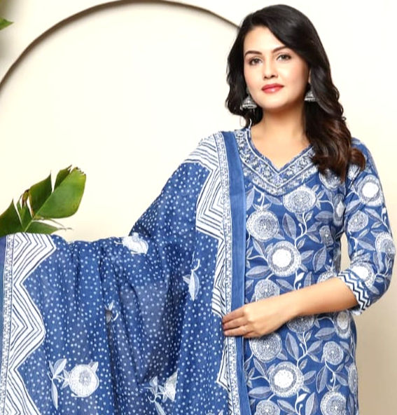 “Cotton Exclusive indigo floral pure cotton salwar kurta set with printed trousers & lightweight dupatta, crafted for every