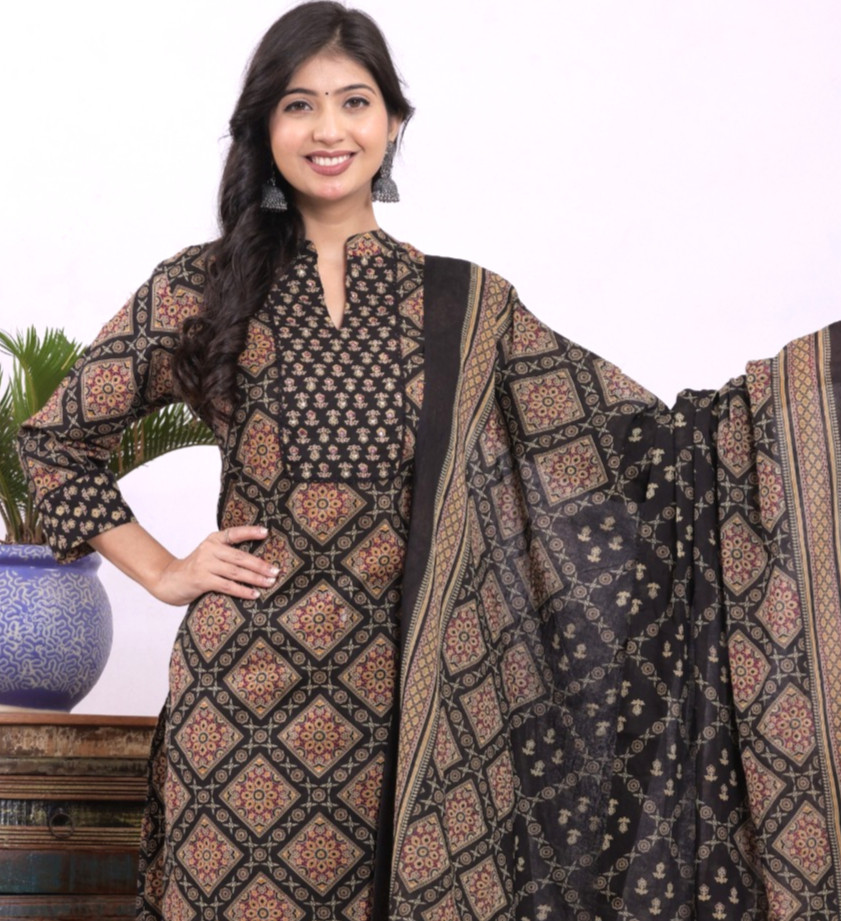 Black Pure cotton salwar suit with lattice & floral block prints, notch-neck kurta, tapered trousers, ornate bordered dupatta