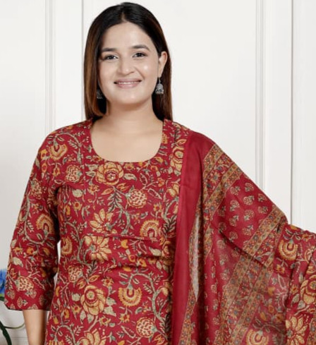 Premium Cotton fabric, Red ,Floral Print, Daily, Festive, Office, Casual wear, Straight fit 100% Pure Cotton 3Pcs Salwar S