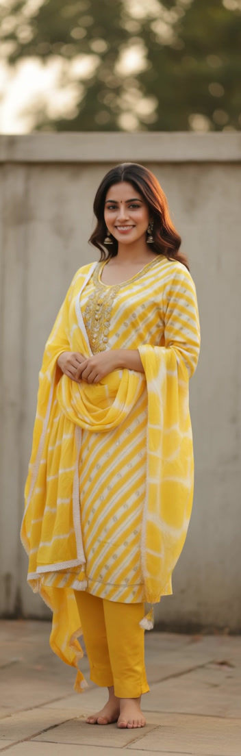 Cotton Exclusive yellow Chanderi cotton kurta with lining, embroidery & mirror-style yoke, straight salwar & tie-dye dupatta
